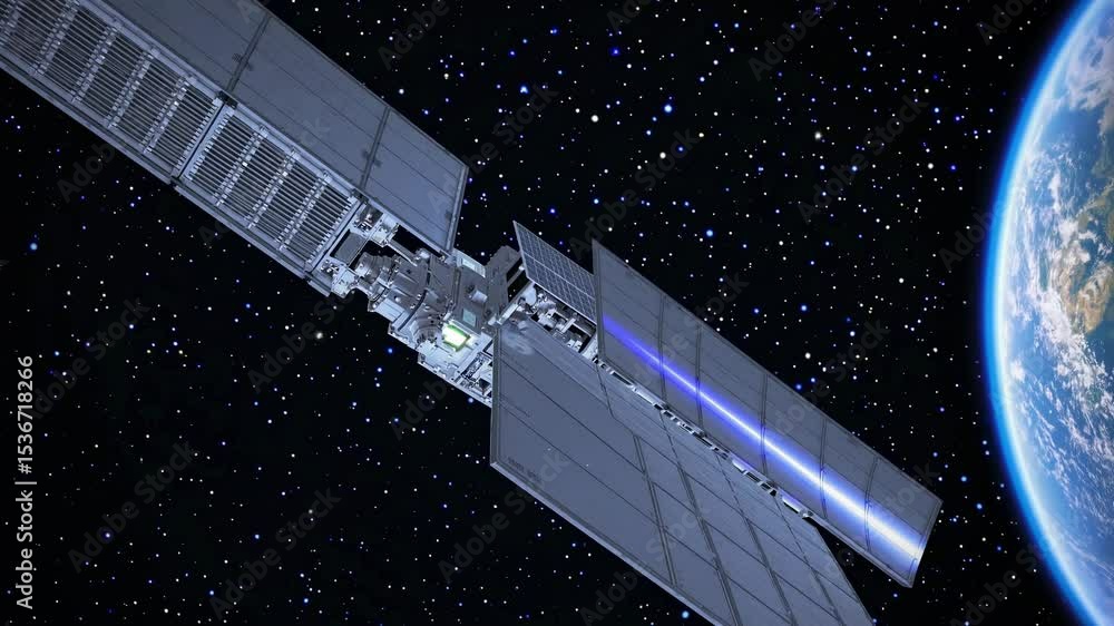 Poster futuristic spacecraft deploys large solar panels and transmits data via a blue laser beam while orbi