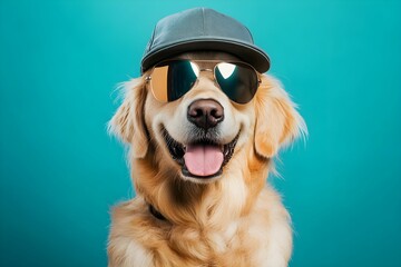 golden retriever, pies, puszysty pies, portret psa, pies w czapce, pies w okularach, czapka z daszkiem, okulary przeciwsłoneczne, okulary lustrzane, modny pies, pies w stylizacji, pies modowy, pies ce