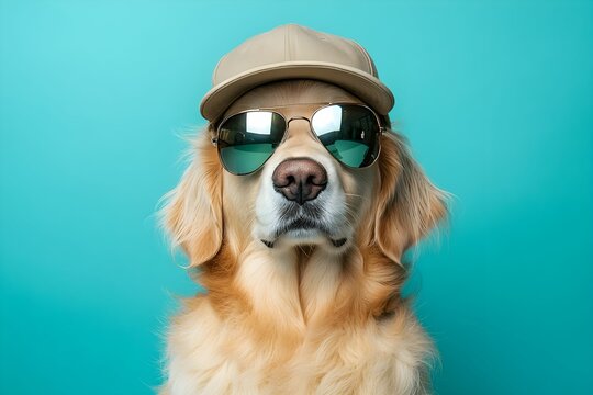 golden retriever, pies, puszysty pies, portret psa, pies w czapce, pies w okularach, czapka z daszkiem, okulary przeciwsłoneczne, okulary lustrzane, modny pies, pies w stylizacji, pies modowy, pies ce