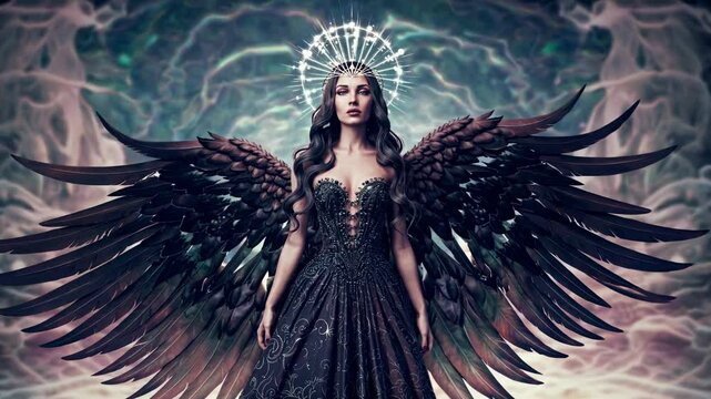 Captivating digital art featuring a dark angel with outstretched wings, elegant gown, and halo crown, set against a swirling, ethereal cloudscape