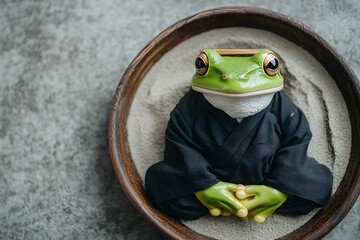 żaba, zielona żaba, zen, taca z piaskiem, japoński ogród, styl wabi-sabi, minimalizm, żaba w kimonie, czarne kimono, opaska bambusowa, spokój, medytacja, styl japoński, płaski układ, kompozycja z góry