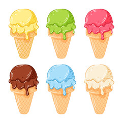 Set of six colorful ice cream cone with different flavor in waffle cone in cartoon isolated on white background. Perfect for summer dessert cafe and sweet food design.