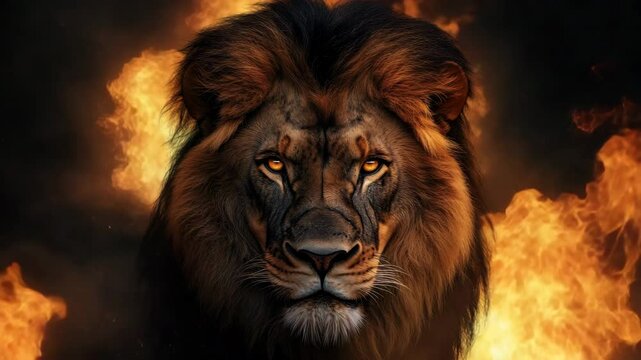 Majestic lion with intense fierce eyes and dark mane surrounded by wild fire and flame, creating powerful wildlife scene full of nature&rsquo;s strength and energy in dramatic background