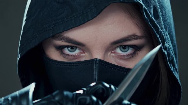 Mysterious woman assassin or spy wearing black clothes, gloves and mask holding a knife in her hands, with piercing blue eyes staring intensely