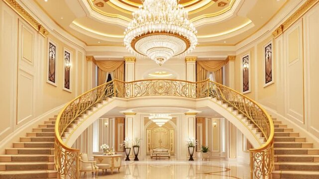 Luxurious double staircase with ornate golden railings that curve symmetrically on either side