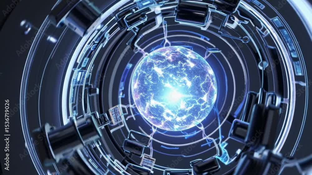 Poster complex network of connections transmitting energy from glowing sphere, illuminating futuristic tech