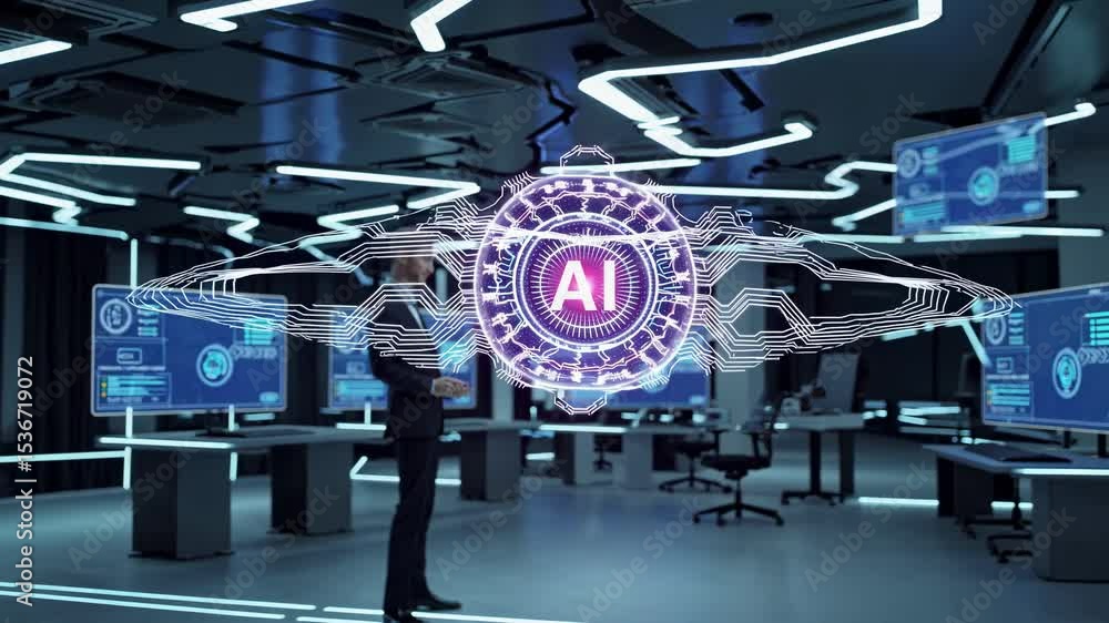 Poster businessman wearing suit standing in futuristic control room analyzing holographic projection of dig