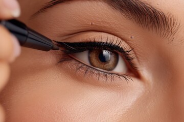 Naklejka premium Close-up of a hand gently applying eyeliner to a person's eye