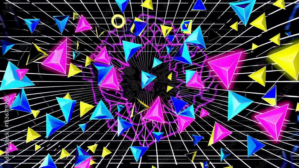 Poster bright neon pyramids are flying through a digital grid, creating a vibrant and dynamic retro-futuris