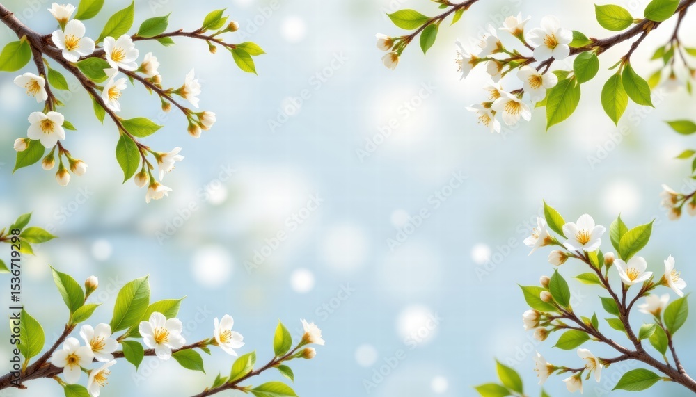 Poster soft spring blossoms on a gentle blue background with hints of light and bokeh effects creating an e