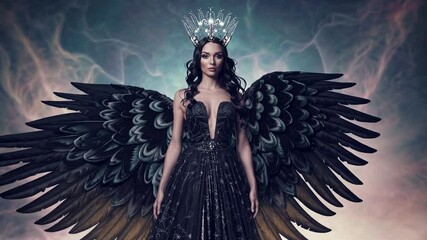 Majestic dark angel wearing an elegant crown and a stunning black dress with large, outstretched wings stands against a dramatic cloudy backdrop, creating a powerful and ethereal image - Powered by Adobe