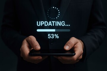 Hands Holding Smartphone with Updating Progress Bar, System Upgrade, Software Installation, and Data Synchronization