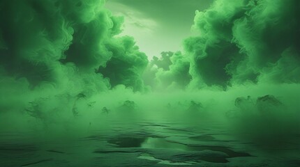 Eerie green mist landscape. Toxic swamp environment. Mysterious atmospheric scene with a sense of danger and fantasy.