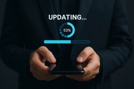 Smartphone Displaying Updating with Circular Progress Indicator, Mobile System Upgrade, App Update, and Data Sync