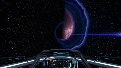 Futuristic spaceship is entering a wormhole with glowing blue energy streaks in deep space, with a purple nebula and bright star in the background - Powered by Adobe