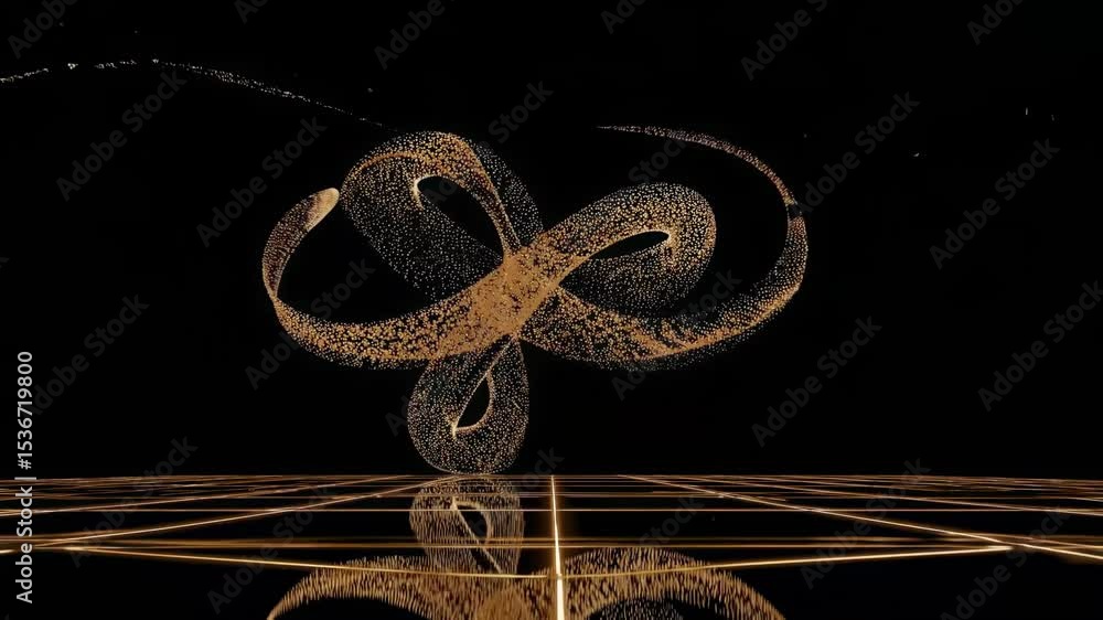 Poster golden particles are flowing upwards and reflecting on a grid surface, creating a luxurious and abst