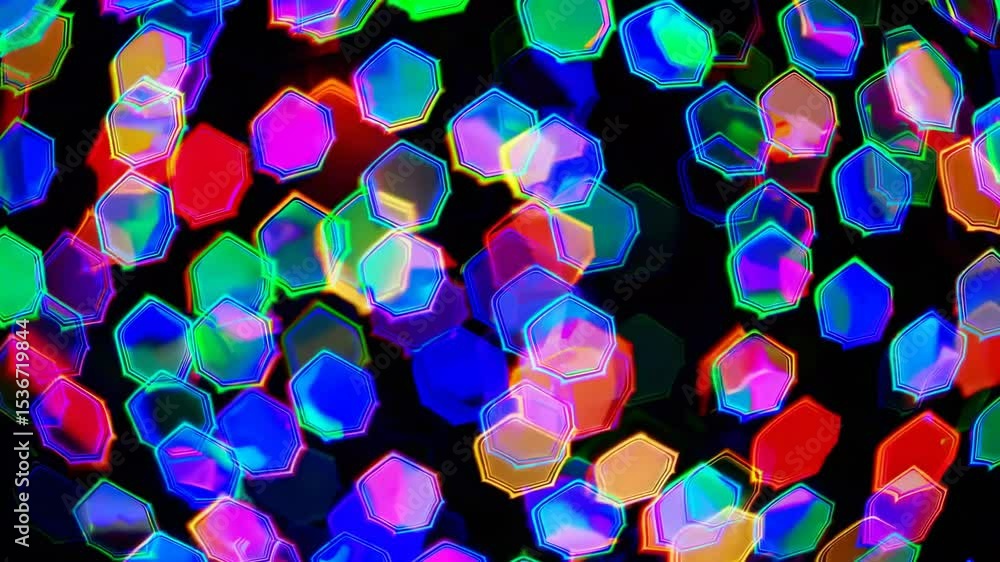 Poster glowing neon hexagons in vibrant colors create a dazzling bokeh effect against a dark background, pe