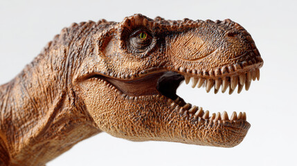 Extreme closeup of T Rex dinosaur figurine showcasing sharp teeth and detailed texture, evoking sense of prehistoric wonder