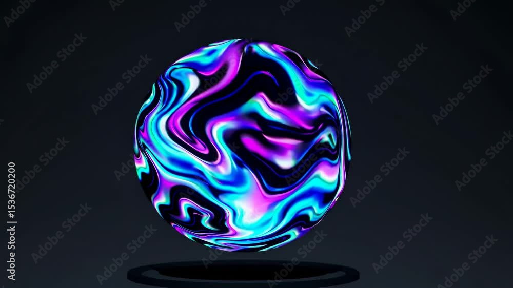Poster mesmerizing marble sphere floats above a dark surface, its surface adorned with swirling neon colors