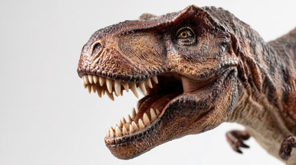 Obraz premium Extreme closeup of T Rex dinosaur figurine showcasing sharp teeth and intricate details, evoking sense of prehistoric power and majesty