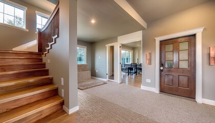 Obraz premium newly constructed home interior featuring spacious entryway and staircase