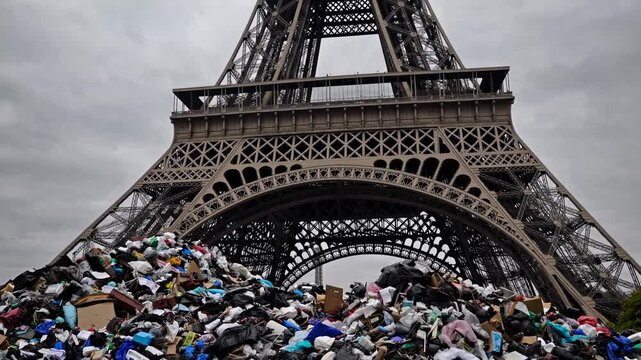 Huge pile of garbage accumulating under the eiffel tower in paris, highlighting the global environmental crisis and the need for sustainable waste management