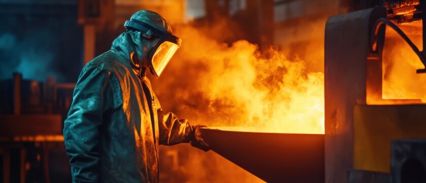 A close-up of a steelworker in protective gear, operating a large furnace with molten metal glowing intensely in a foundry, Steel foundry scene