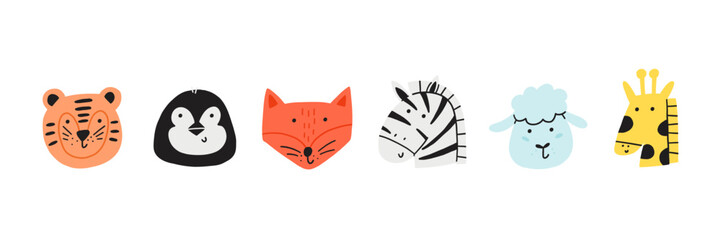 Cartoon cute animal happy face set. Safari kid jungle head character animal collection. Hand drawn vector illustration