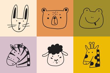 Cute boho doodle face baby animal square print. Cartoon character animal kid poster set. Vector illustration