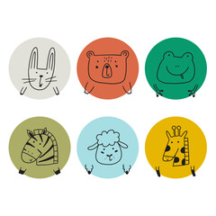 Cute animal face funky avatar. Cartoon head character animal kid baby icon. Doodle vector illustration