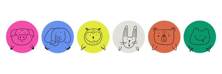 Cute animal face circle avatar. Cartoon head character animal kid baby icon. Doodle vector illustration