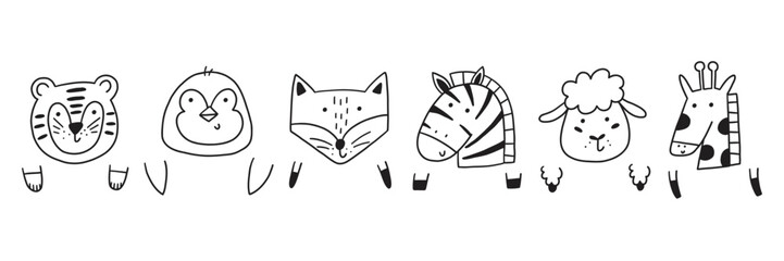 Cute doodle animal face and paw collection. Cartoon character animal head kid icon set. Vector illustration