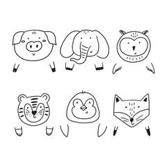 Cute doodle animal face and paw clipart. Cartoon character animal head kid icon set. Vector illustration