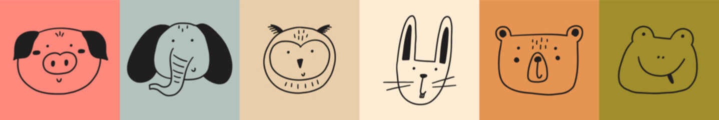 Cute doodle face baby animal square print. Cartoon character animal kid poster set. Vector illustration