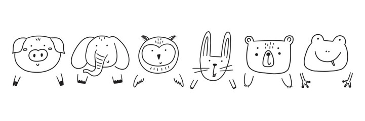Cute doodle animal face and paw set. Cartoon character animal head kid icon set. Vector illustration
