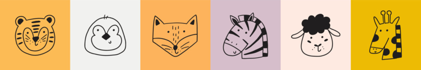 Cute doodle face nursery animal square print. Cartoon character animal kid poster set. Vector illustration
