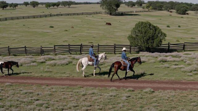 Two gauchos riding horses along a dirt road beside a wooden fence, surrounded by a vast green field with grazing cattle in the picturesque argentine countryside