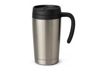 Metallic thermal mug featuring black handle and lid, standing on transparent surface, perfect for carrying hot drinks while traveling
