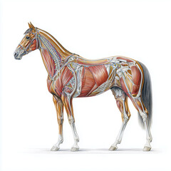 A detailed anatomical drawing of a horse showcasing its muscles and bones, isolated on a white background