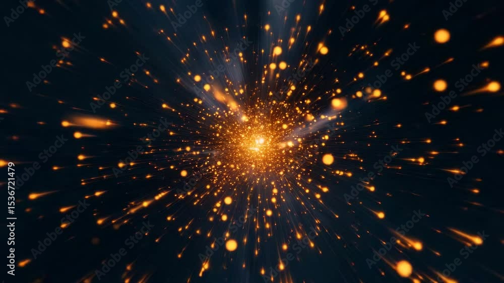 Wall mural glowing orange particles burst outward in dynamic explosion of light and energy against dark abstrac