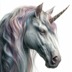 A fantasy-style unicorn with a shimmering mane, showcasing its head, isolated on a white background