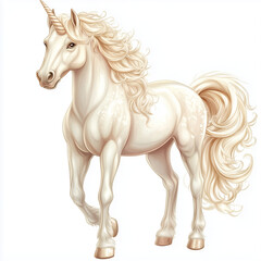 A fantasy-style unicorn with a shimmering mane standing proudly, isolated on a white background