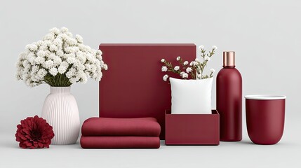 Maroon And White Gift Set With Flowers And Towels