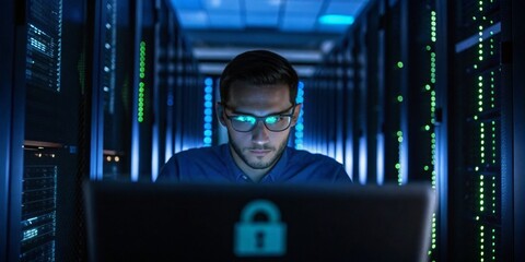 Cybersecurity expert monitoring data security in a server room at night