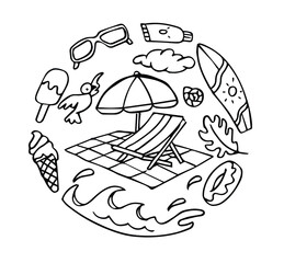 summer set doodle style hand drawn sketch vector illustration
