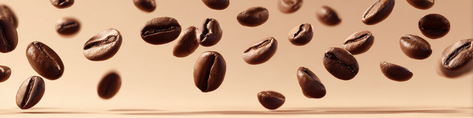 Floating coffee beans create captivating visual, showcasing their rich texture and color in dynamic arrangement