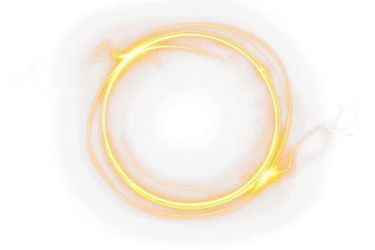 bright golden enegetic light ring glowing in circle shape isolated on white or transparent png