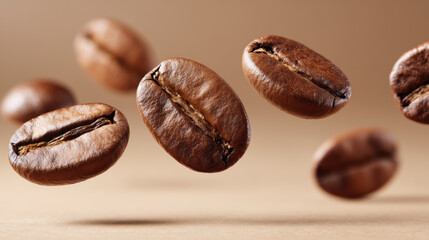 Floating coffee beans create captivating visual, showcasing their rich texture and color in harmonious arrangement
