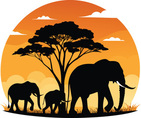 Fototapeta premium Silhouette of Elephant Family Vector Illustration