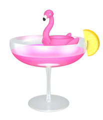 Pink flamingo swims in cosmopolitan cocktail, 3D illustration isolated on transparent background. Vacation concept, beach holiday by the sea or by the pool.